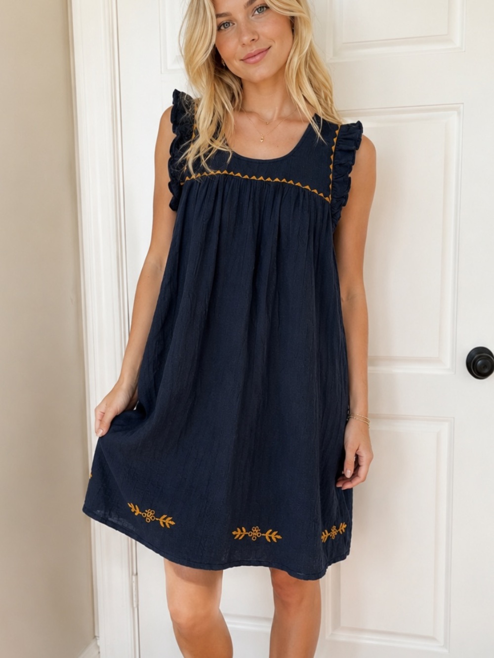 Pink Chicken Navy Cotton Embroidered Ruffle Sleeve Shift Dress S 25709